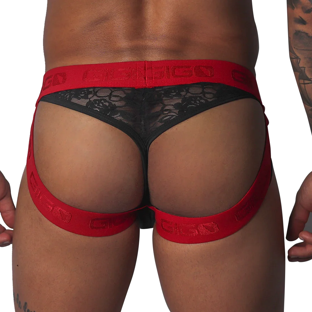 Black lace jockstrap with red elastic logo waistband and leg straps.