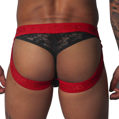 Black lace jockstrap with red elastic logo waistband and leg straps.