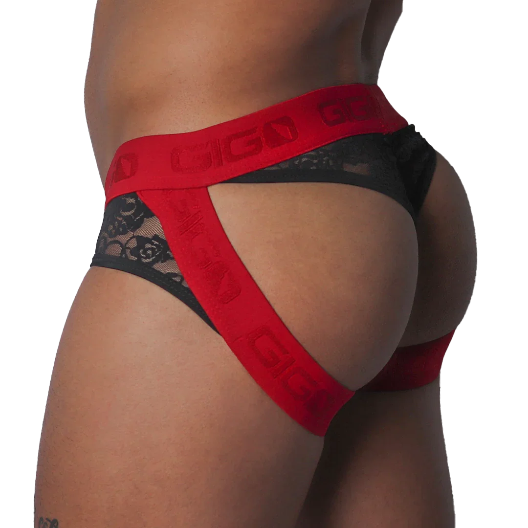 Black floral lace jock thong with bold red elastic straps featuring repeating Gigo logo branding.