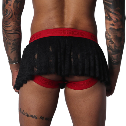 Black lace pleated mini skirt with a red branded elastic waistband and integrated red leg-strap garter design.