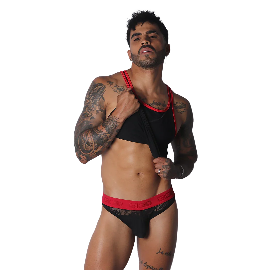 Black tank top featuring vibrant red trim on the scoop neckline and racerback straps.