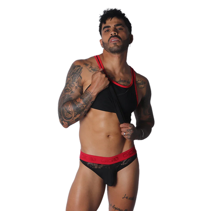 Black tank top featuring vibrant red trim on the scoop neckline and racerback straps.