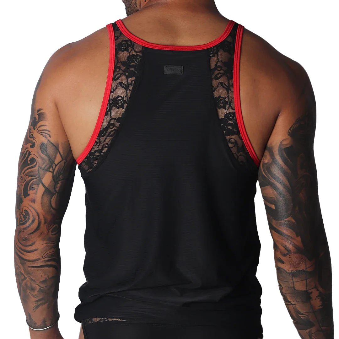 Black tank top with red trim, featuring sheer floral lace side panels and a center fabric panel.