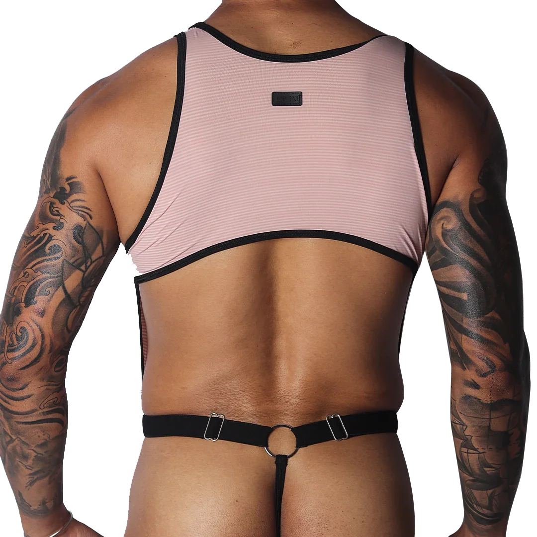 Romantic pink ribbed knit crop top with black trim, connected by thin straps to a black O-ring thong back.