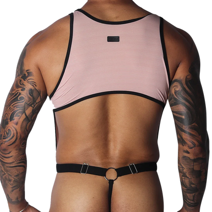 Romantic pink ribbed knit crop top with black trim, connected by thin straps to a black O-ring thong back.