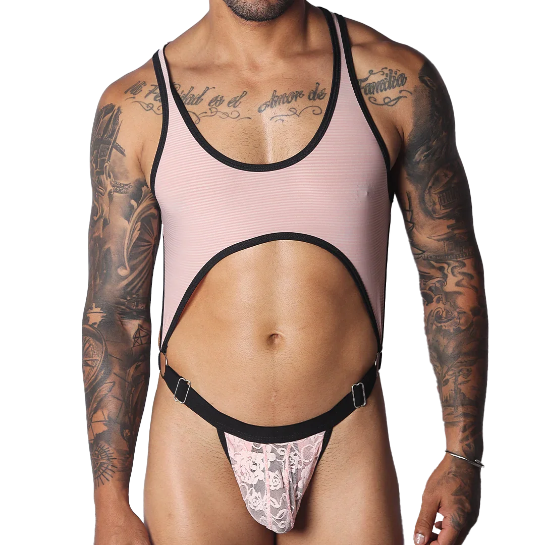 Romantic pink ribbed mesh bodysuit with black trim, a large midriff cutout, and a pink floral lace thong pouch.