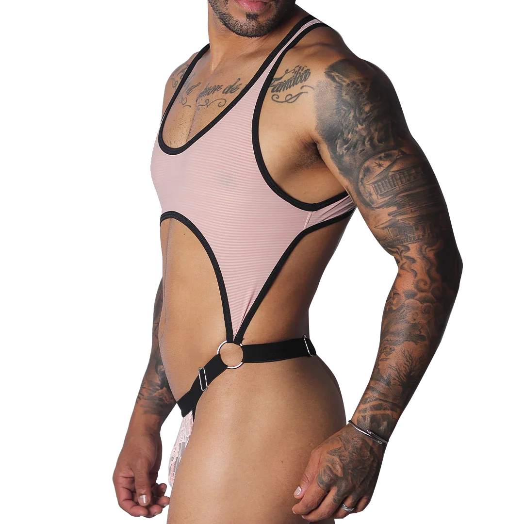 Romantic pink ribbed bodysuit with black trim, racerback style, and a ring-accented cutout waist.