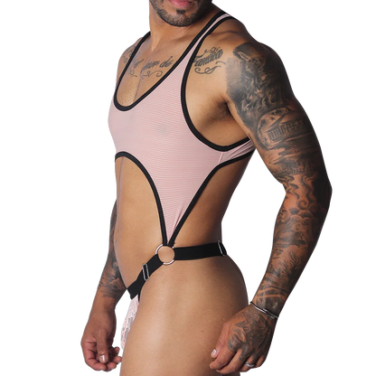 Romantic pink ribbed bodysuit with black trim, racerback style, and a ring-accented cutout waist.