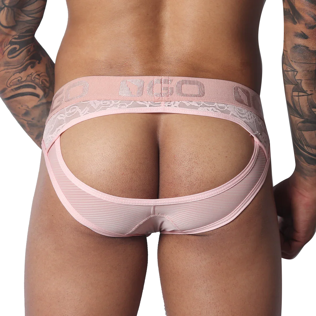 Romantic pink jockstrap featuring a sheer mesh pouch, lace trim, and a branded elastic waistband.