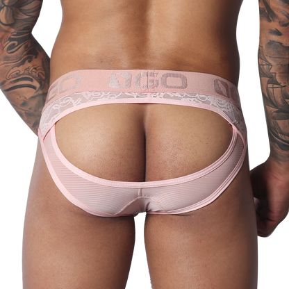 Romantic pink jockstrap featuring a sheer mesh pouch, lace trim, and a branded elastic waistband.