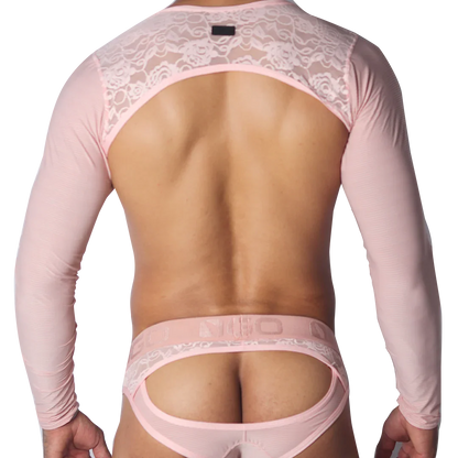 Pastel pink mesh harness with long sleeves, lace shoulder yoke, and open-back jockstrap featuring a branded waistband.