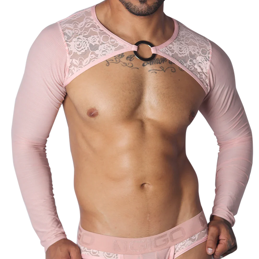 Pink long-sleeve crop harness featuring floral lace shoulder panels and a central metal O-ring chest connector.