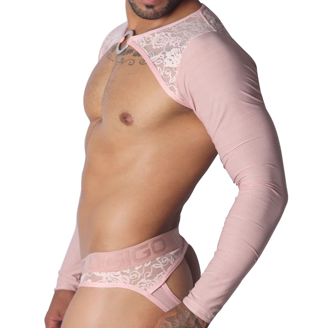 Romantic pink long-sleeve harness with lace shoulder detailing, center metal ring, and matching lace-trimmed brief.