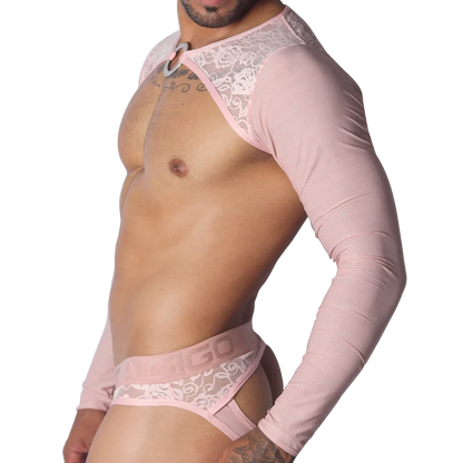 Romantic pink long-sleeve harness with lace shoulder detailing, center metal ring, and matching lace-trimmed brief.