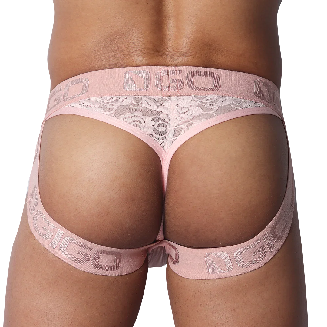 Romantic pink jock-thong featuring floral lace back panel and elastic logo waistband.