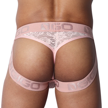 Romantic pink jock-thong featuring floral lace back panel and elastic logo waistband.