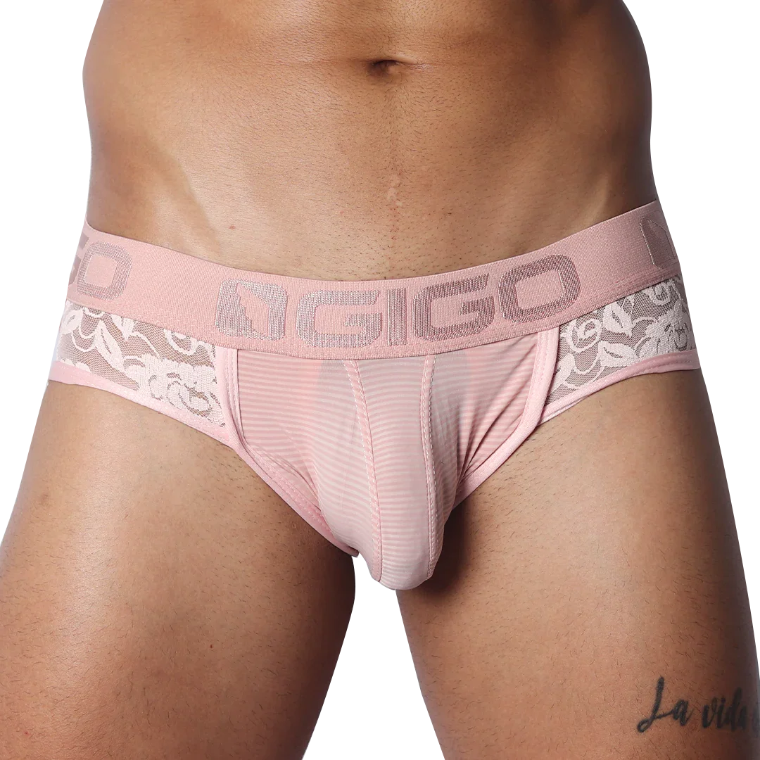 Romantic pink jock thong with sheer striped mesh, floral lace sides, and a branded elastic waistband.