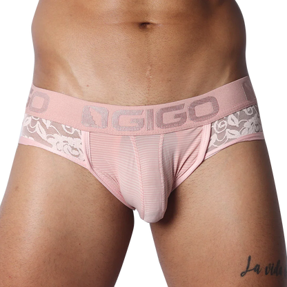 Romantic pink jock thong with sheer striped mesh, floral lace sides, and a branded elastic waistband.