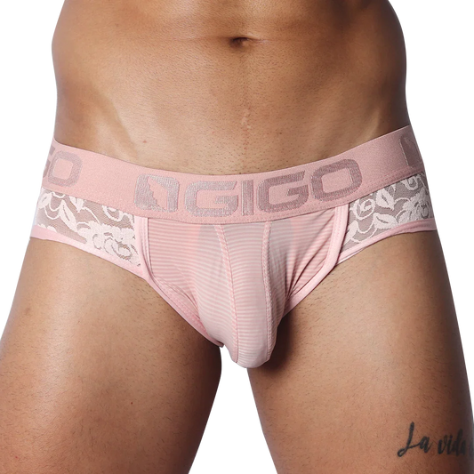 Romantic pink jock thong with sheer striped mesh, floral lace sides, and a branded elastic waistband.