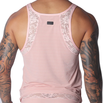 Romantic pink tank top in ribbed mesh with decorative floral lace trim along the shoulder straps and hem.