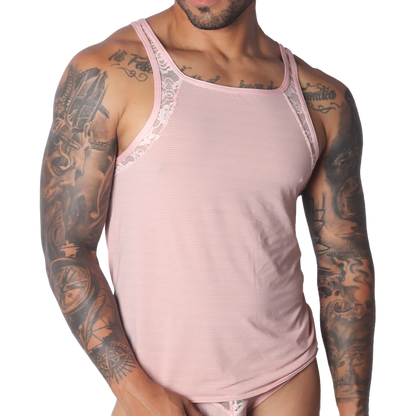 Romantic pink ribbed tank top featuring delicate white lace trim along the shoulders and neckline.