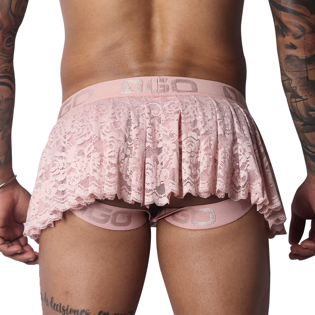 Romantic pink lace skirt featuring a pleated design, scalloped hem, and branded elastic waistband with strap details.