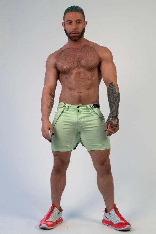 Romey shorts light green with subtle sheen and visible stitching details in lightweight fabric for casual wear