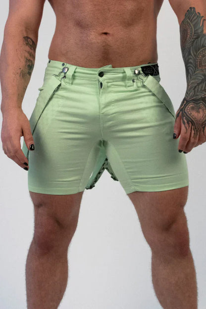Romey shorts in light green with sleek fit and black belt accents showcasing a modern design