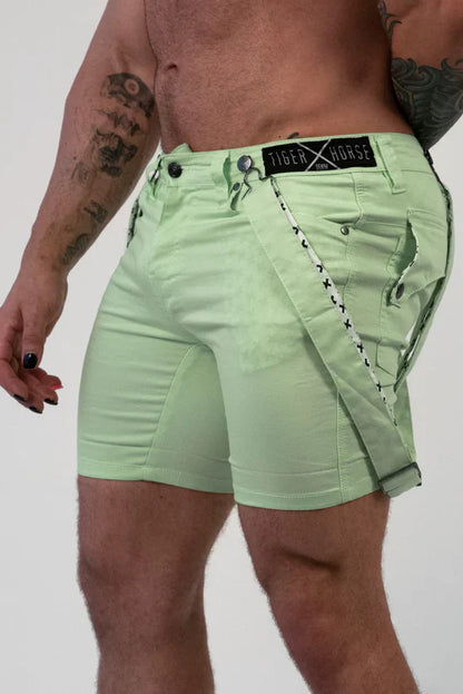 Romey shorts light green denim with black tiger x horse belt loop and decorative stitching details