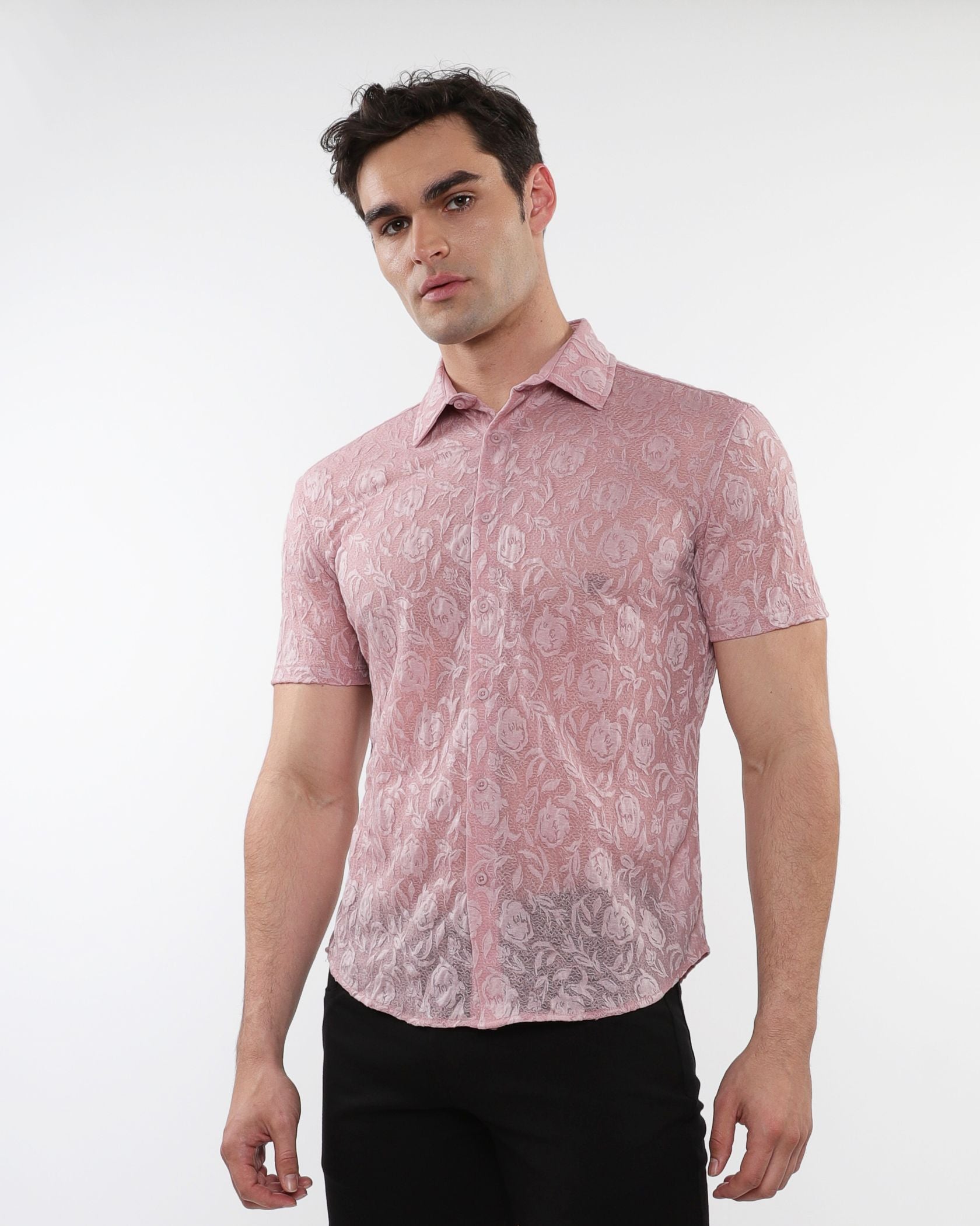 A delicate pink lace short-sleeved button-up shirt with a subtle floral pattern from roses leaves gossamer knit s/s shirt