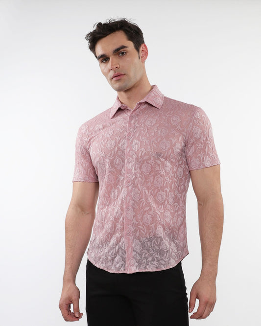 A delicate pink lace short-sleeved button-up shirt with a subtle floral pattern from roses leaves gossamer knit s/s shirt