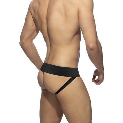 Black sleek form-fitting men’s briefs with smooth elastic waistband front zip design rub jock product