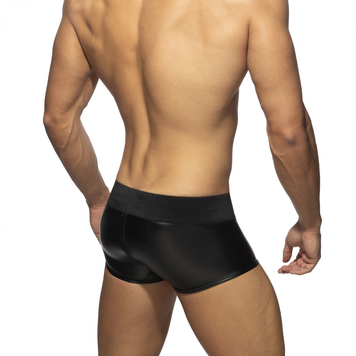 Black glossy-finish men’s briefs with front to back zip and elastic waistband for a snug fit rubber trunk