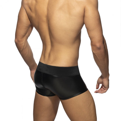 Black glossy-finish men’s briefs with front to back zip and elastic waistband for a snug fit rubber trunk