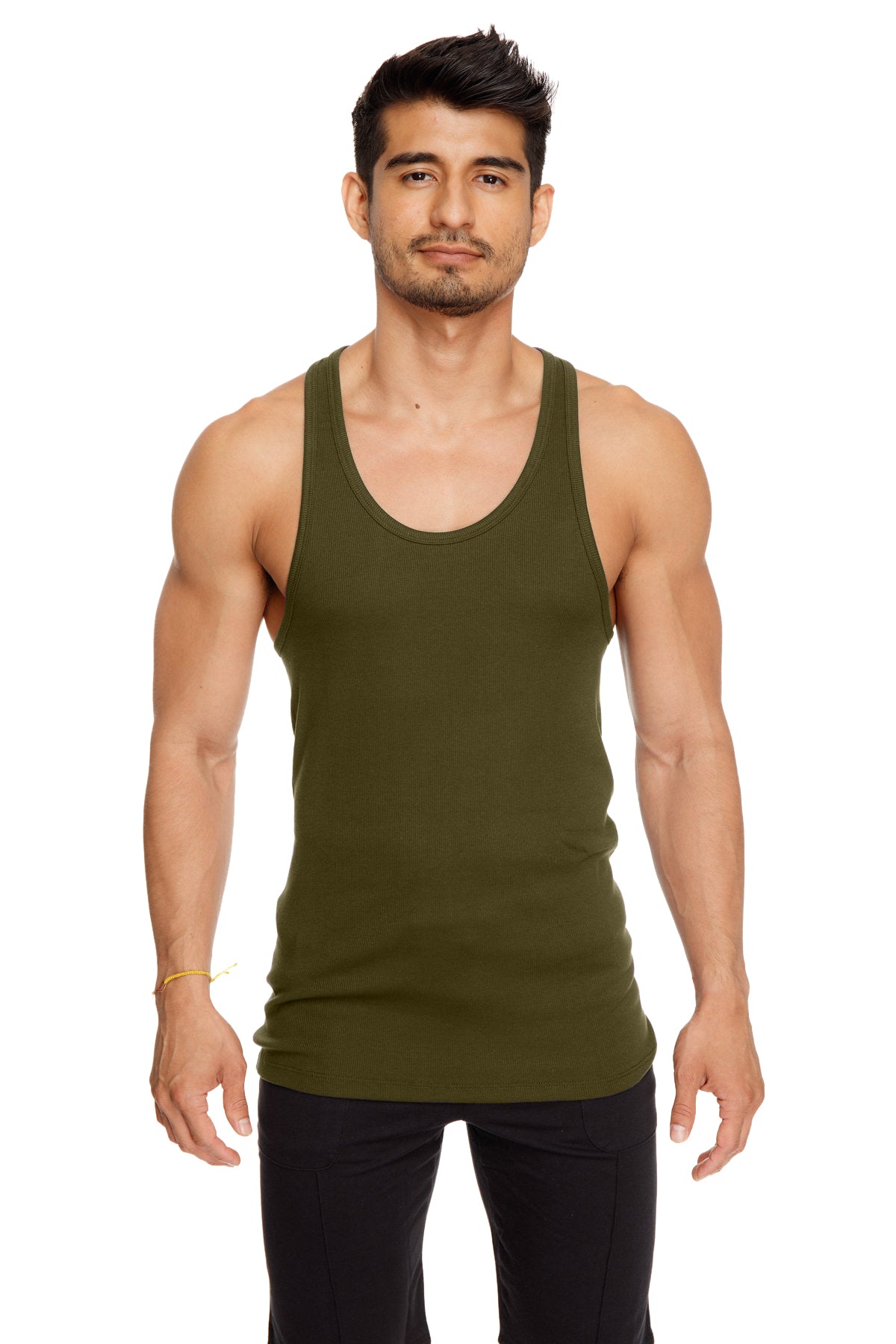 Olive green sleeveless racer-back yoga tank top with a fitted design perfect for activewear and workouts