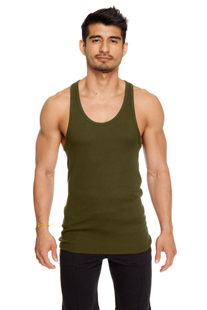 Olive green sleeveless racer-back yoga tank top with a fitted design perfect for activewear and workouts