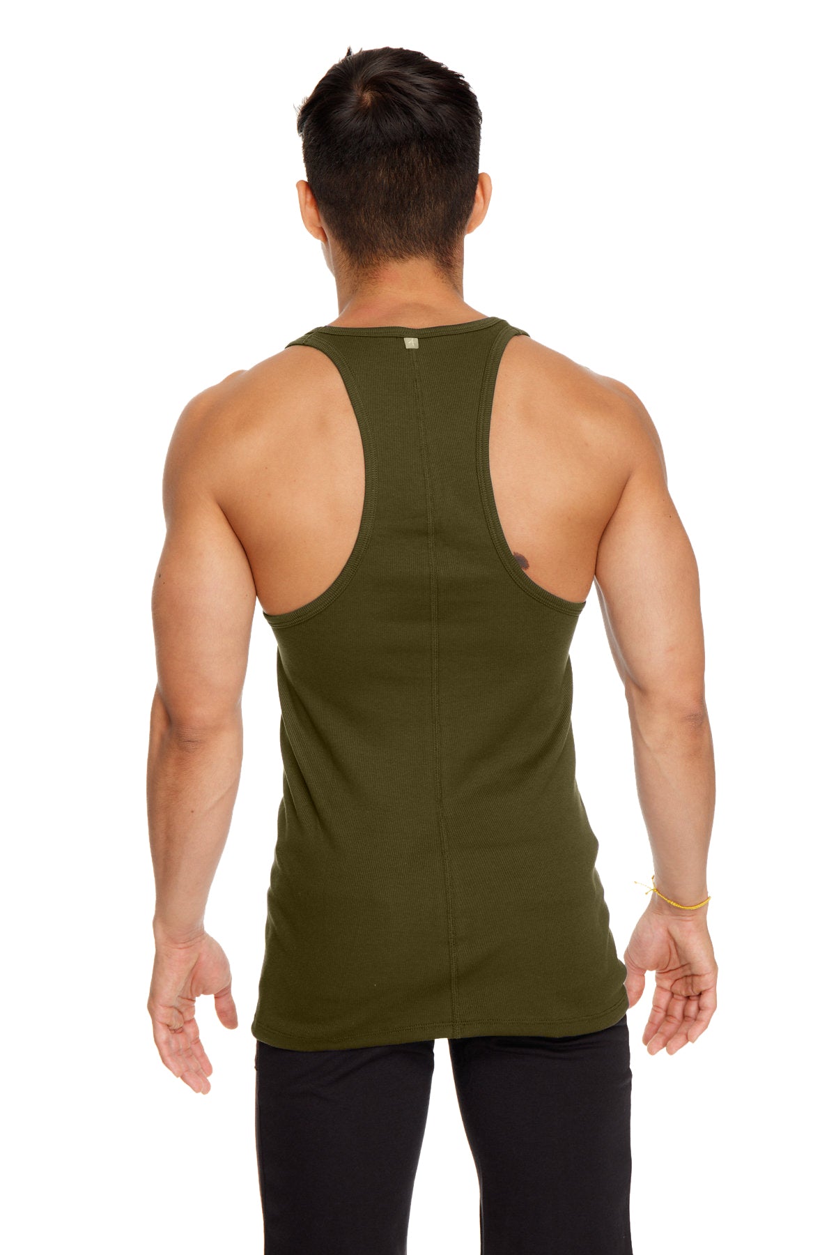 Olive green racer-back yoga tank top showing the back side designed for breathability and comfort during workouts