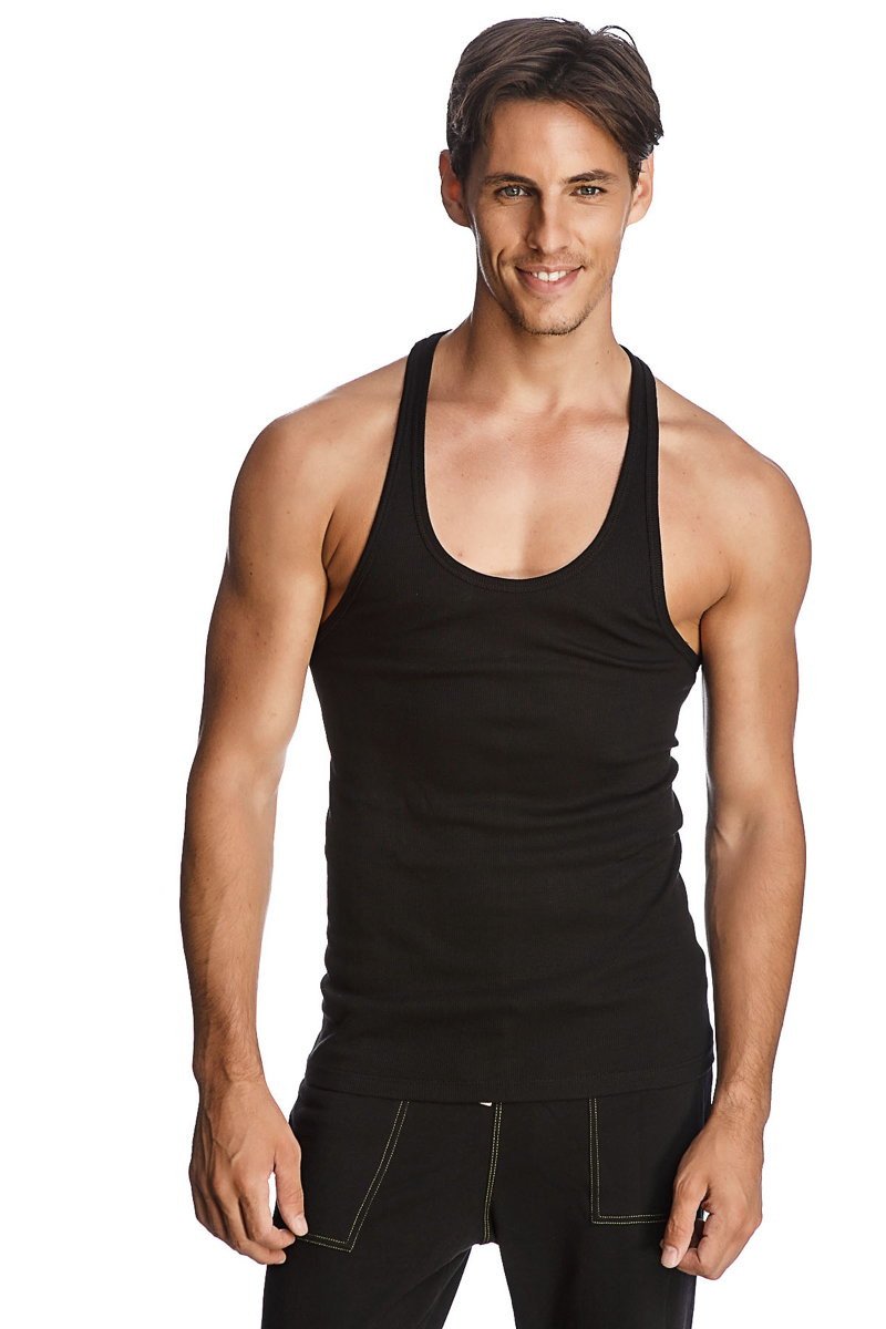 Black racer-back yoga tank with scoop neckline sleeveless design and ribbed hem for comfortable workouts