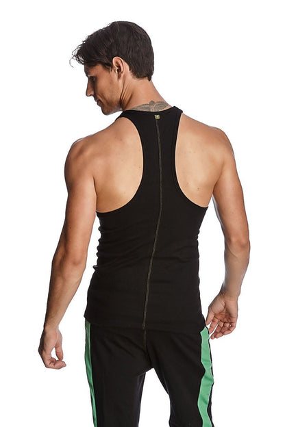 Back view of black racer-back yoga tank with central zipper designed for activewear and comfort