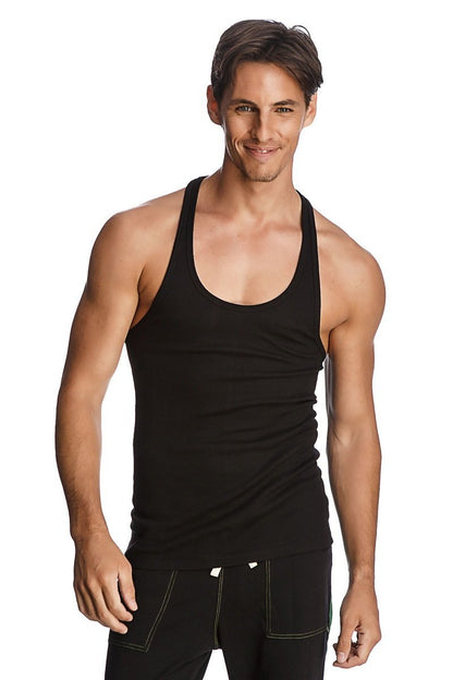 Black racer-back yoga tank with smooth fitted fabric and subtle white stitching along the back seams