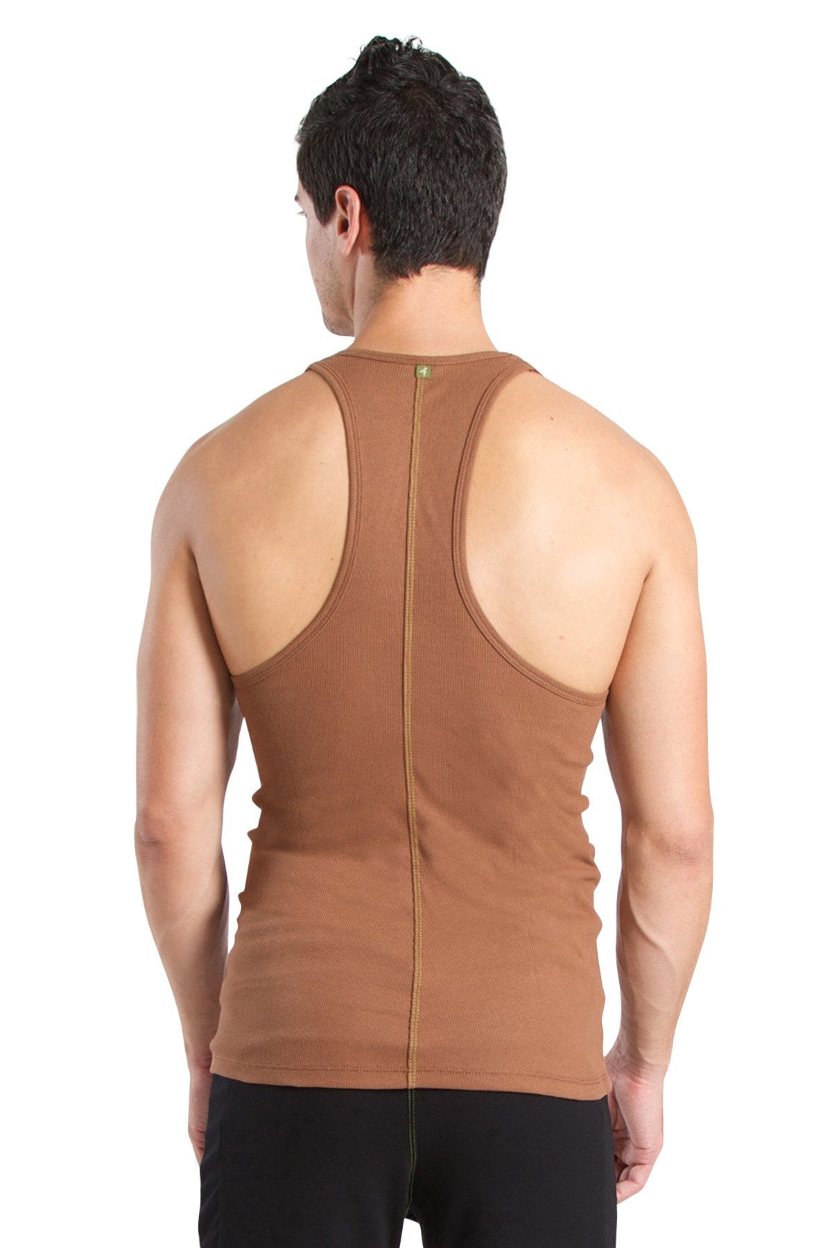 Brown racer-back yoga tank with a central back zipper designed for comfortable activewear use