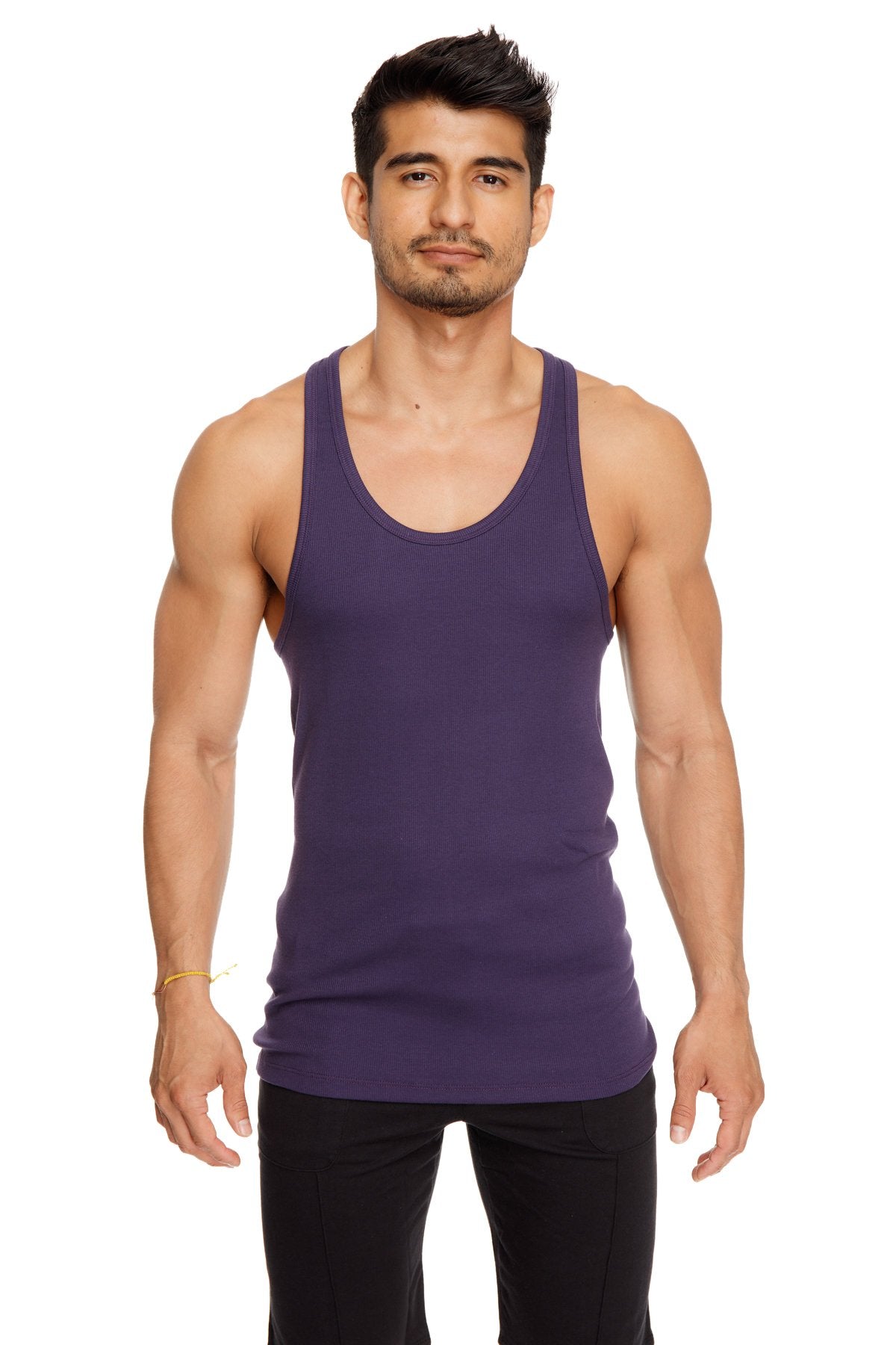 Purple sleeveless racer-back yoga tank with rounded neckline and fitted silhouette in eggplant purple