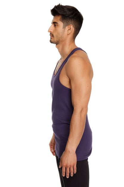 A sleek deep purple racer-back yoga tank with a classic sleeveless design shown from the back side