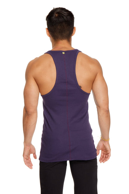 A deep purple racer-back yoga tank with form-fitting design and subtle vertical seam detailing shown from the back