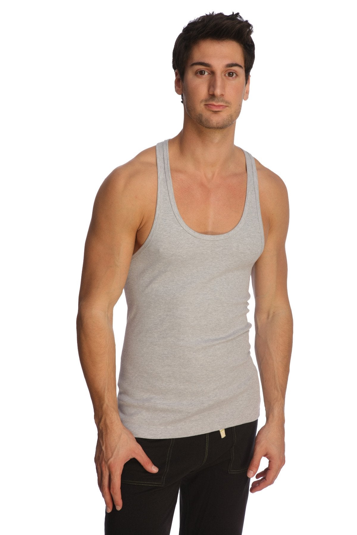 A slim-fit heather gray racer-back yoga tank with rounded neckline and ribbed trim along the armholes