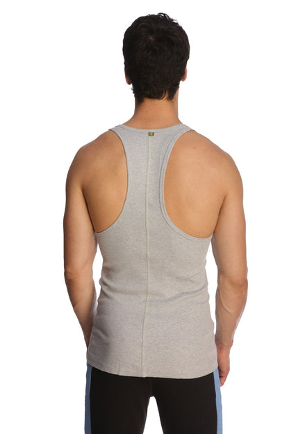 Back view of gray heathered racerback yoga tank top with central seam detail for comfortable activewear