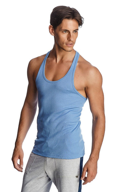Light blue ribbed cotton racer-back yoga tank top shown from the back with a comfortable racerback design