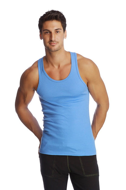 A light blue sleeveless racer-back yoga tank with a rounded neckline and simple design for comfort and flexibility