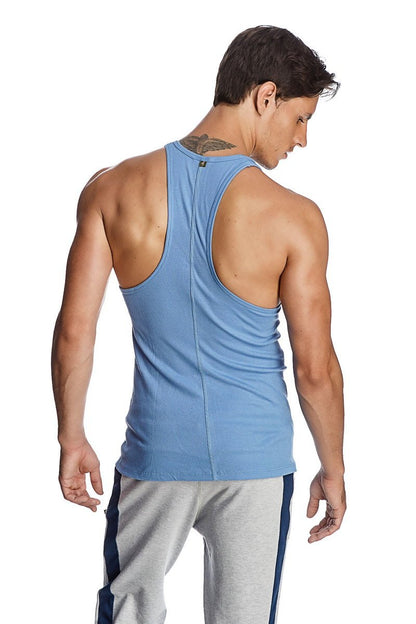 Light blue ribbed cotton racer-back yoga tank top shown from the back with a comfortable racerback design
