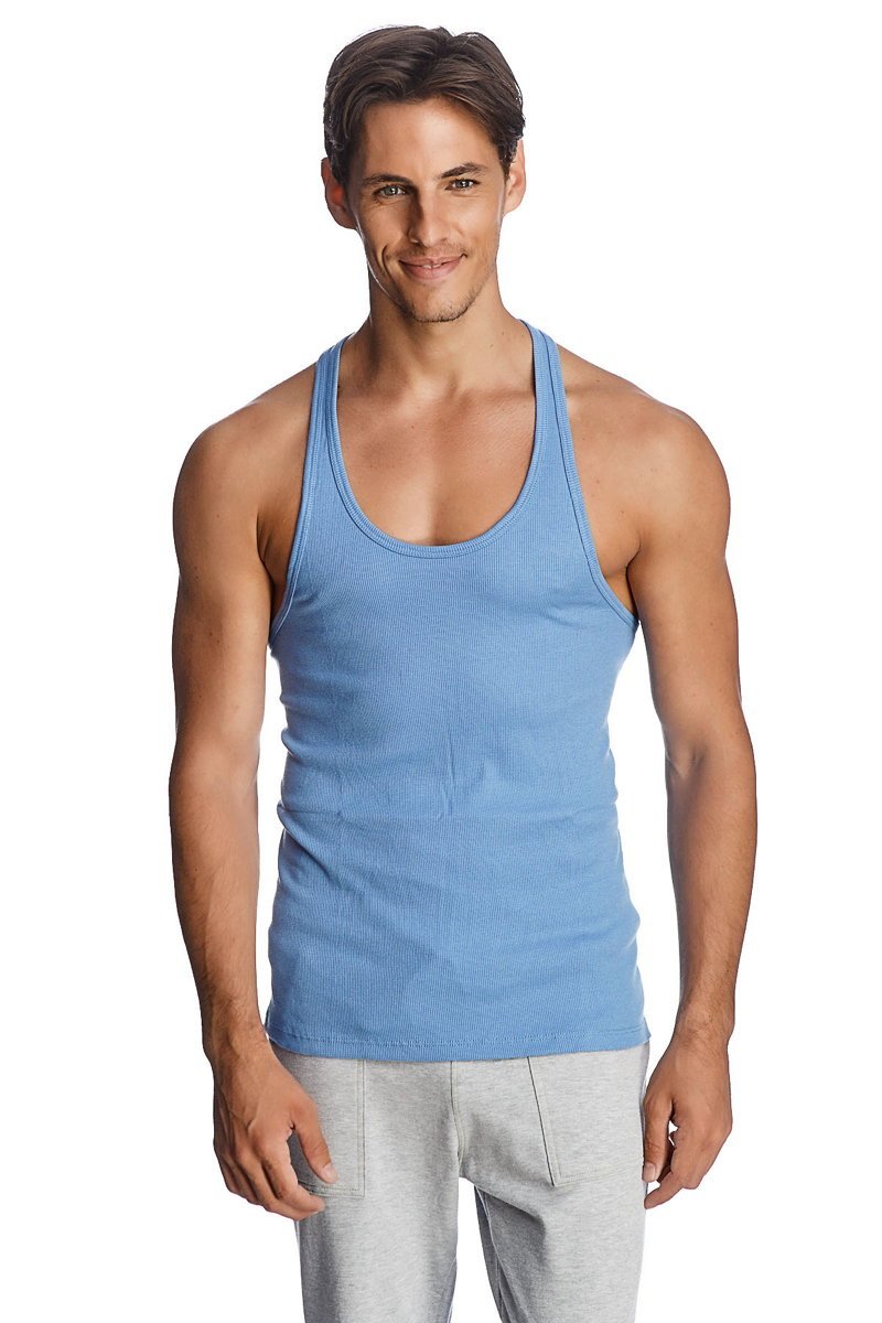 Light blue ribbed cotton racer-back yoga tank top showing the back side for comfortable workouts